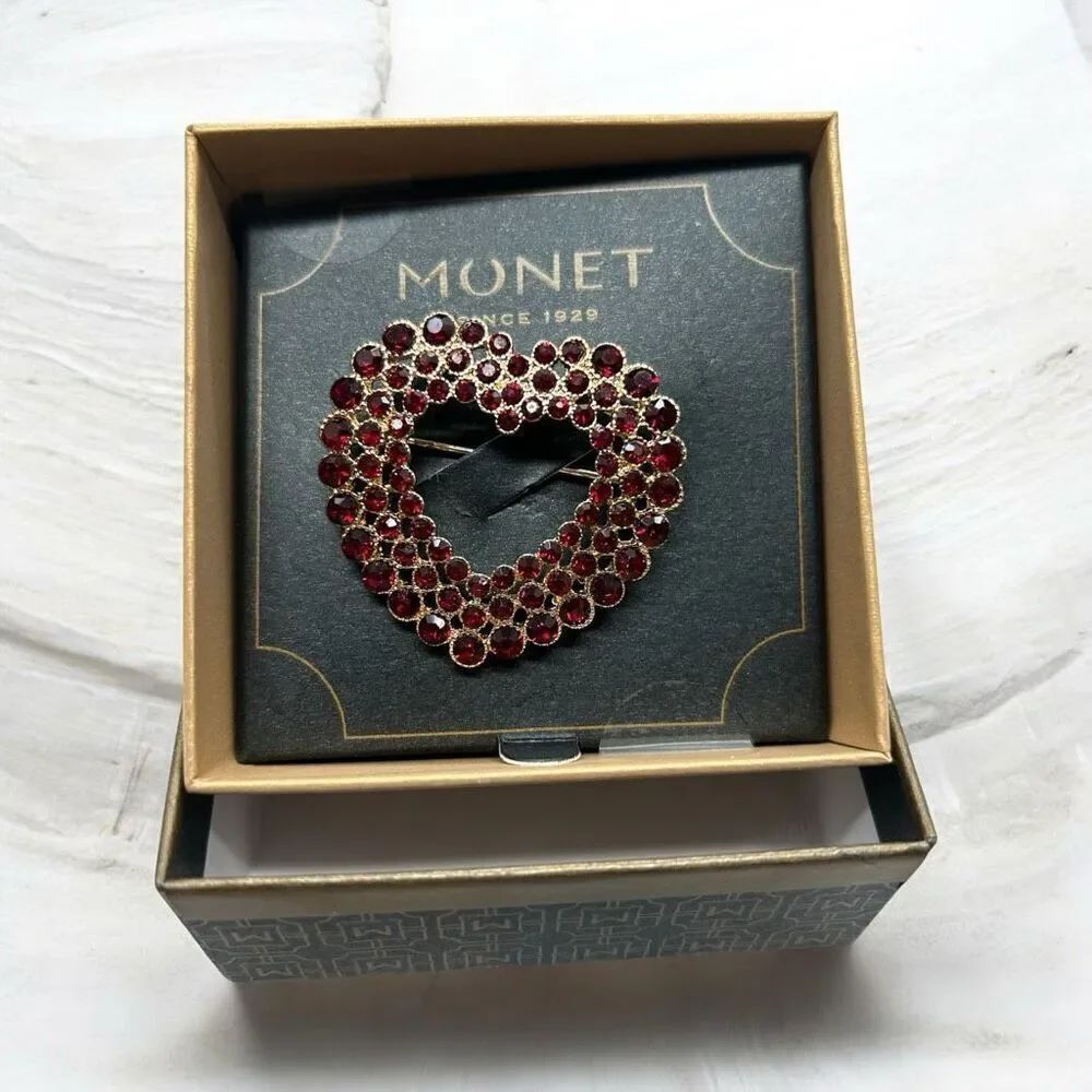 Vintage Monet Red Rhinestone Heart Brooch New in Original Box